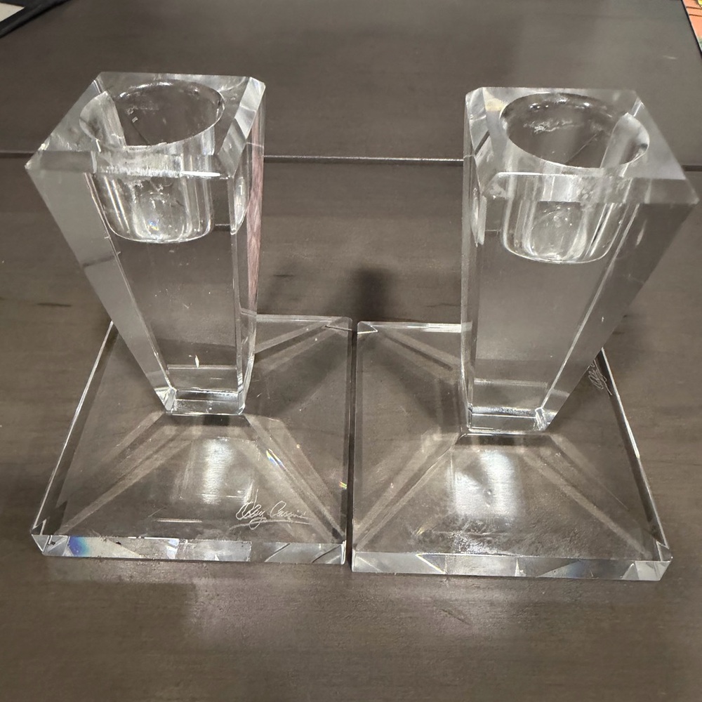 NEW TWO CRYSTAL CANDLE HOLDERS BY OLEG CASSINI w/box vintage MCM contemporary